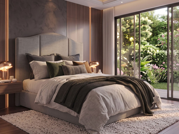 Side profile of the Bruno Ottoman Storage Bed in Steel Grey Atlanta fabric, showing the arched headboard and low footboard design.