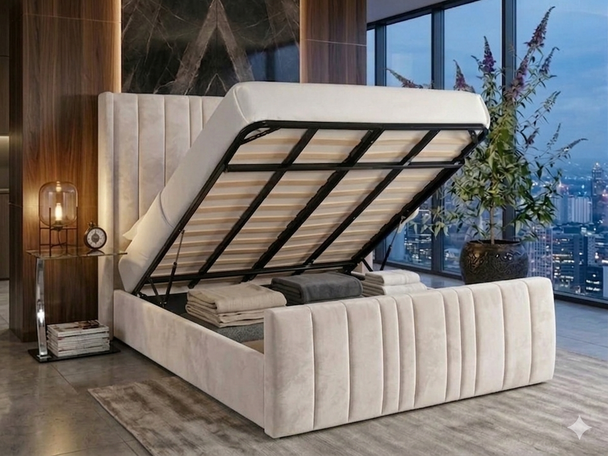 Carla Ottoman Storage Bed Frame upholstered in luxurious cream velvet fabric featuring a winged headboard