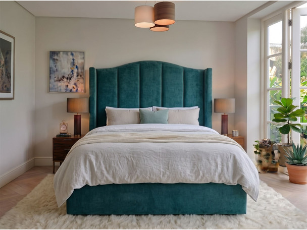 Jimena wingback ottoman storage bed in Teal Atlanta Soft Teddy, front view showing the curved headboard with deep vertical fluted channels