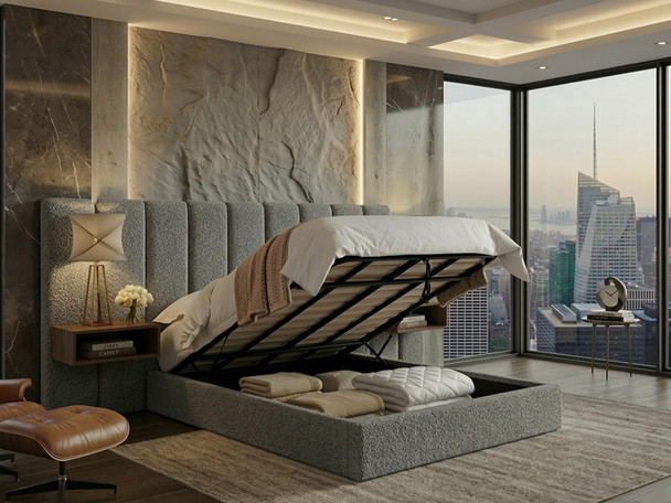 Grey fabric Elvira ottoman storage bed lifted open to reveal the spacious under-bed storage area