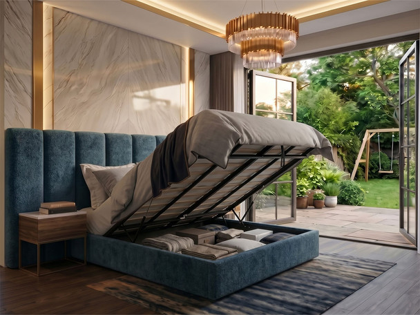 Elvira ottoman storage bed in Teal Atlanta Soft Teddy with the gas-lift base open, showing the large storage area underneath