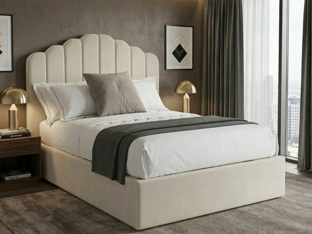 Elsa Ottoman Storage Bed Frame upholstered in luxurious cream velvet, featuring a handcrafted curved fluted headboard by Hush My Bed.