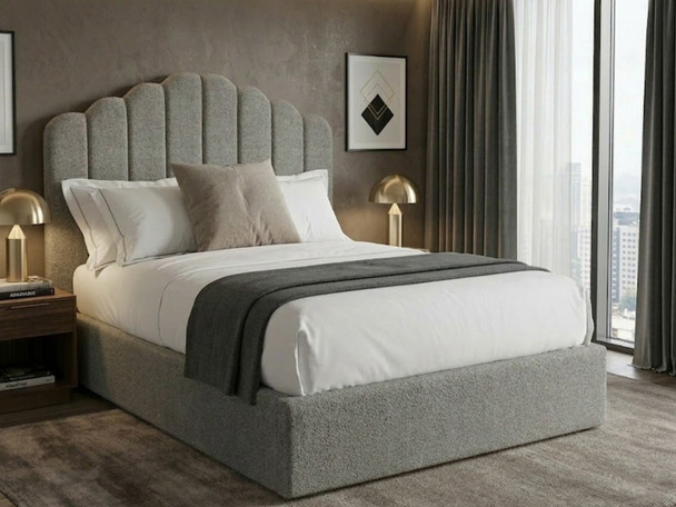 Elsa Ottoman Storage Bed Frame finished in textured grey bouclé fabric, highlighting the bespoke vertical fluted headboard design.
