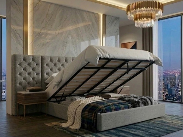 Grey fabric bed with under storage fully open, showing the heavy-duty solid base boards