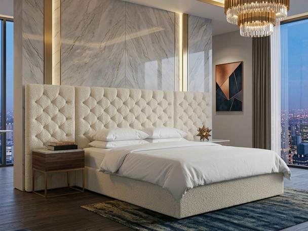 Ana cream velvet ottoman storage bed frame featuring a luxury deep-tufted headboard