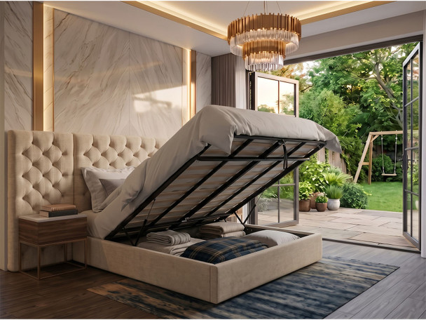 Atlanta Mink ottoman bed, gas-lift storage open