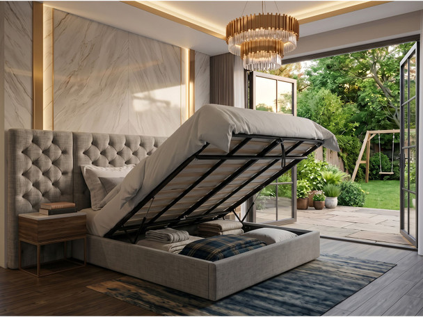 Steel grey ottoman bed, gas-lift storage open