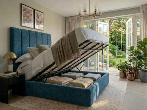 Bella Bubble ottoman bed in teal with the gas-lift base raised to show the storage space underneath