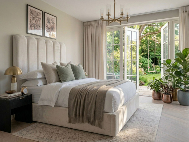Bella Bubble ottoman bed in ivory with a tall headboard of deep rounded vertical channels