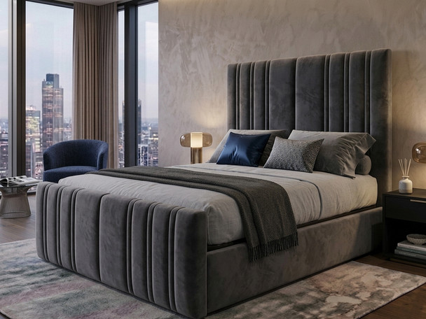 Grey velvet Selva Ottoman Storage Bed Frame by Hush My Bed, featuring modern vertical fluted accents on both the headboard and footboard