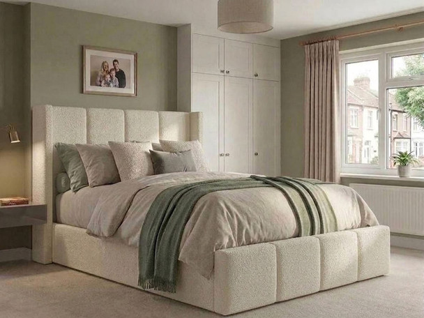 Cream smooth velvet ottoman storage bed frame featuring a tall fluted wingback headboard.