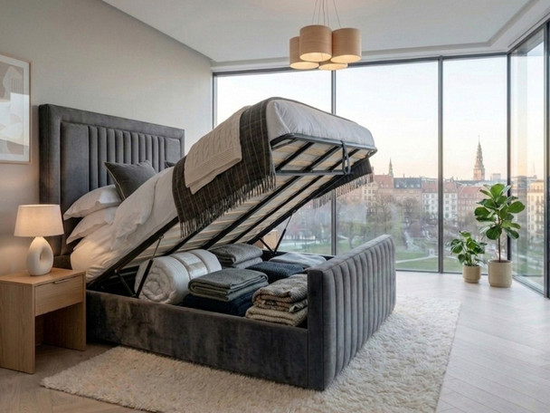 Grey velvet Eva Ottoman Storage Bed Frame with its front-opening storage system lifted, demonstrating effortless access to the space-saving under-bed storage