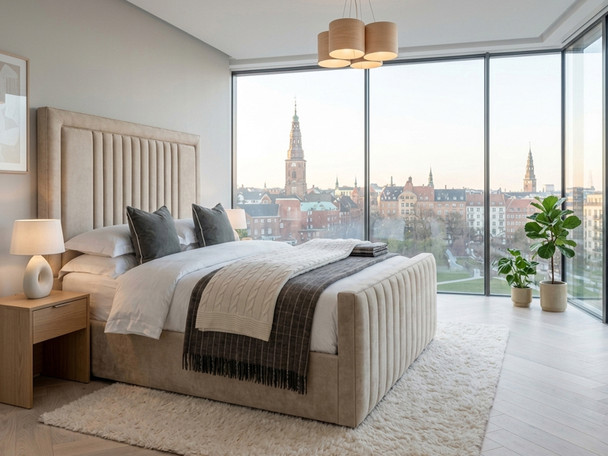 Full view of the Eva Ottoman Storage Bed Frame upholstered in premium beige velvet, featuring a striking high headboard with vertical fluted accents and a modern full border design