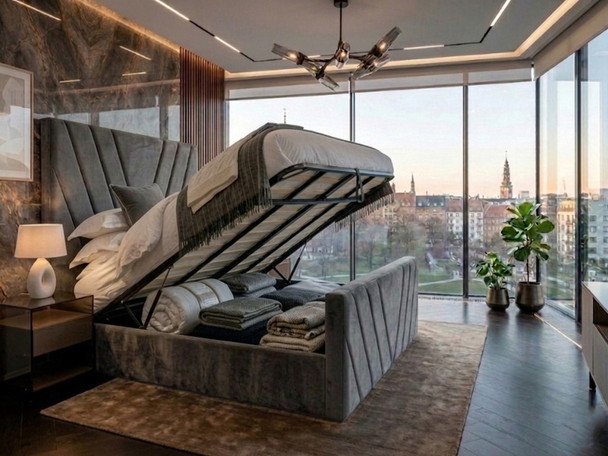Grey velvet Carmela Ottoman storage bed elevated to showcase the large, heavy-duty hidden storage compartment beneath the mattress