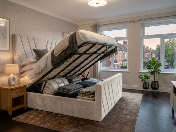A cream velvet ottoman bed lifted open using gas hydraulics, revealing a spacious, heavy-duty under-bed storage compartment.