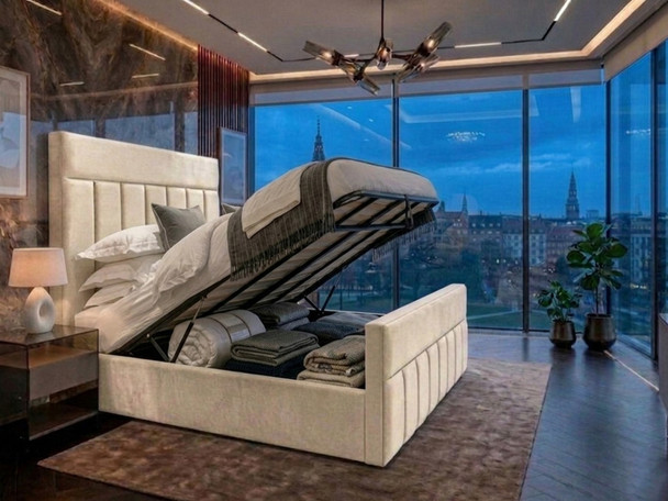 Off-White velvet Maricela Ottoman Bed open to reveal the solid base board storage area beneath the sprung slat system