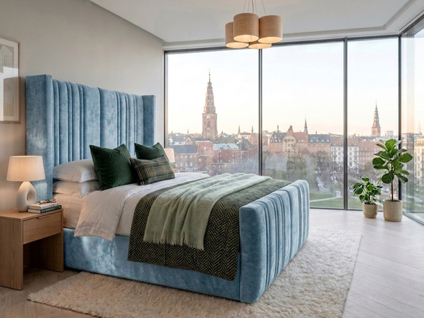 Luisina wingback ottoman storage bed frame fully upholstered in a vibrant sky blue velvet fabric