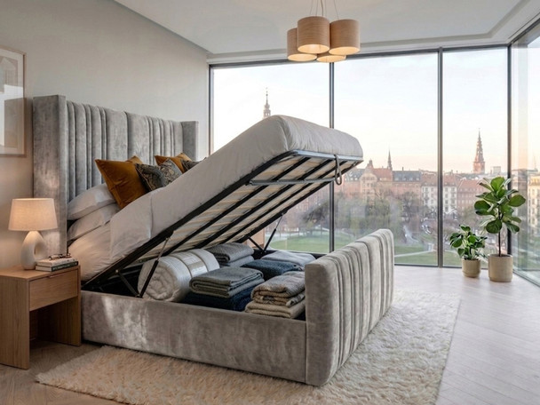 Silver Marble velvet Luisina ottoman bed open on gas-lift struts showing the solid storage base