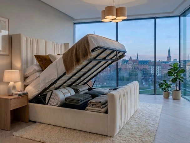 Cream velvet Luisina ottoman bed lifted open to show the large storage space