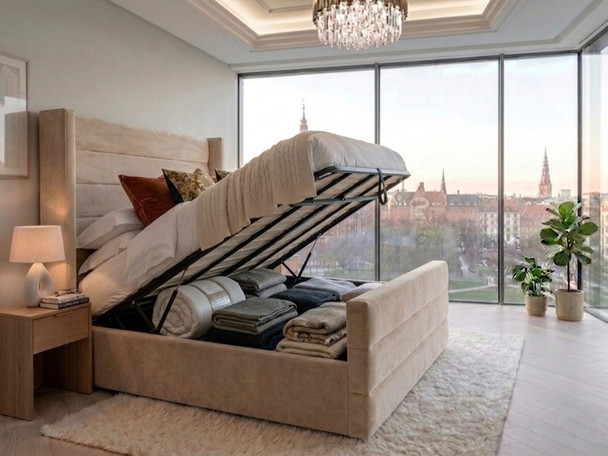 Beige velvet Desiree ottoman bed open with easy-grip handle and solid storage base