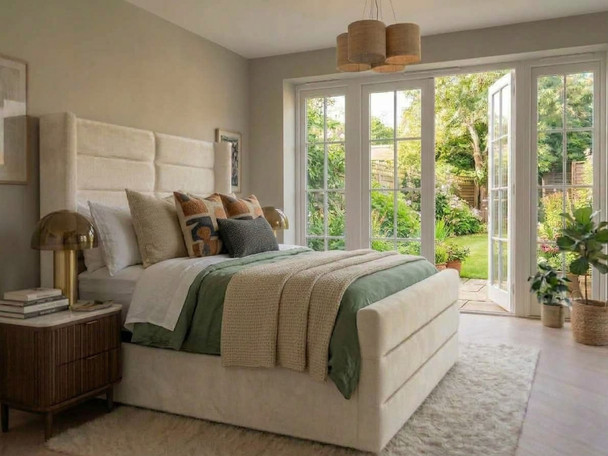 Emmeline wingback ottoman bed in Pale Cream Smooth Velvet with horizontal channel headboard