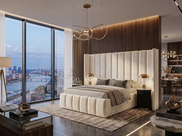 Genoveva deep storage ottoman bed frame upholstered in luxurious cream velvet fabric