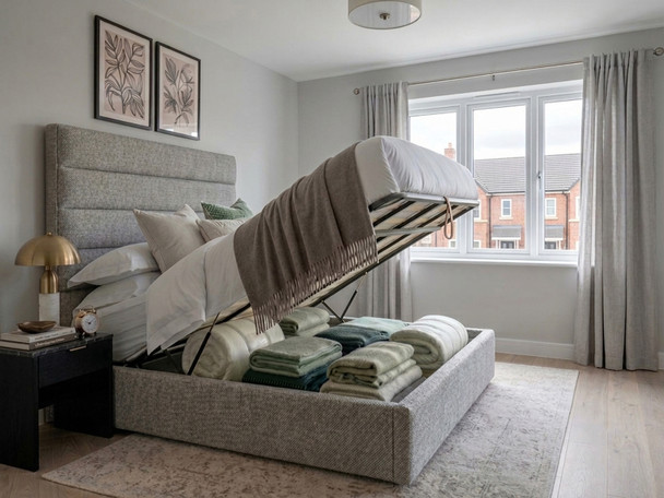 "A grey linen ottoman storage bed with the base lifted, revealing a spacious internal storage compartment beneath the mattress."
