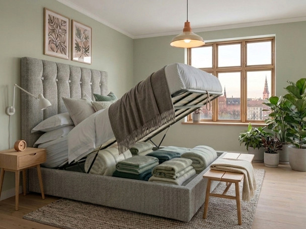 Grey velvet Miguela Ottoman Storage Bed lifted open using the gas-lift mechanism, revealing spacious hidden under-bed storage