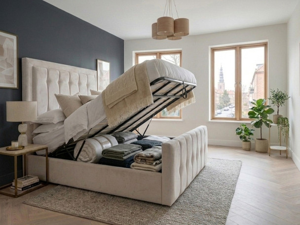The Ofelia cream velvet ottoman bed with its easy-grip gas-lift mechanism open, displaying the large under-bed storage space and triple-reinforced steel frame