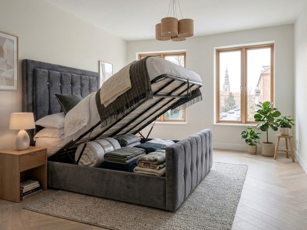 Grey velvet Ofelia ottoman bed with gas-lift base raised, showing deep under-bed storage