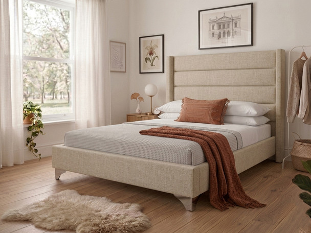 Micaela upholstered bed frame tailored in warm beige linen fabric, highlighting the clean contemporary lines and inviting wingback headboard design.