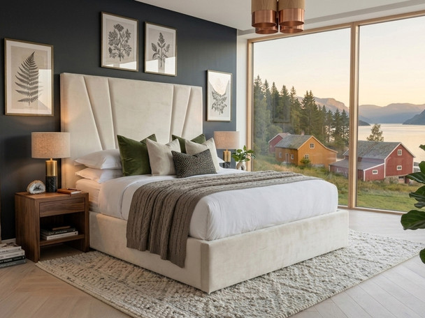 Asta Ottoman storage bed frame upholstered in luxurious cream velvet, showcasing a contemporary silhouette and a tall, vertically channeled headboard