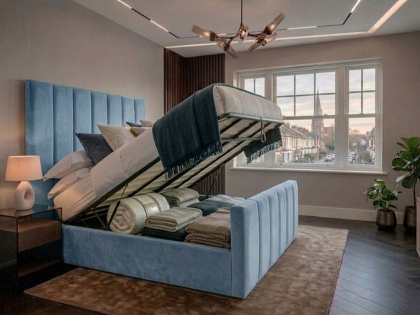Sky blue velvet Anette Ottoman Bed raised open, revealing an easy-access hidden storage compartment