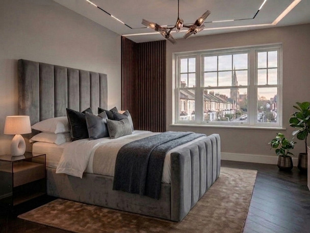Grey velvet Anette Ottoman Storage Bed featuring a tall fluted headboard and matching footboard by Hush My Bed
