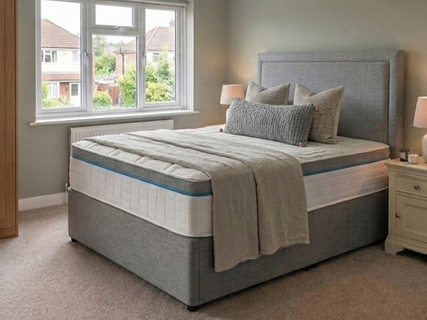 The DualCore Serenity divan bed set and matching upholstered headboard, finished in a grey linen fabric.