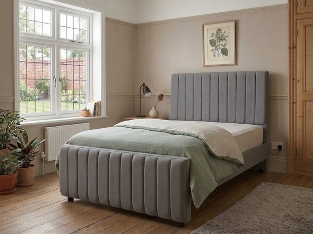 Tanja upholstered bed frame finished in a modern grey linen fabric.