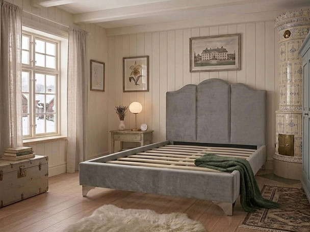 Grey linen upholstered bed frame without a mattress, showing solid wooden slats and the centre support bar.