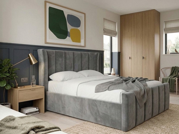Hush My Bed Anneli Ottoman Storage Bed Frame upholstered in premium grey velvet fabric with a curved wingback headboard