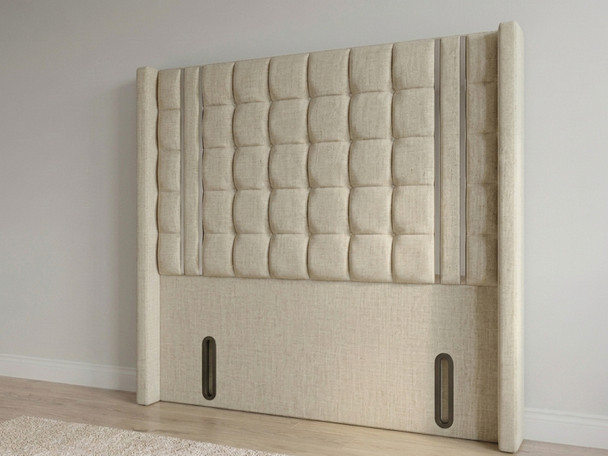 Aino floor standing headboard in ivory Atlanta fabric with chrome accents