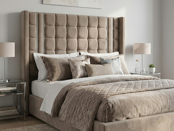 Aino floor standing headboard in cedar smooth velvet fabric styled on a bed