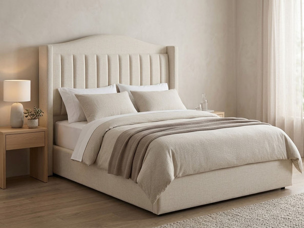 Arna wingback floor standing headboard in off white velvet fabric with matching divan bed