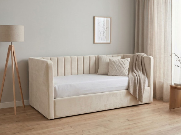 Aera guest daybed sofa upholstered in luxurious pale cream velvet fabric