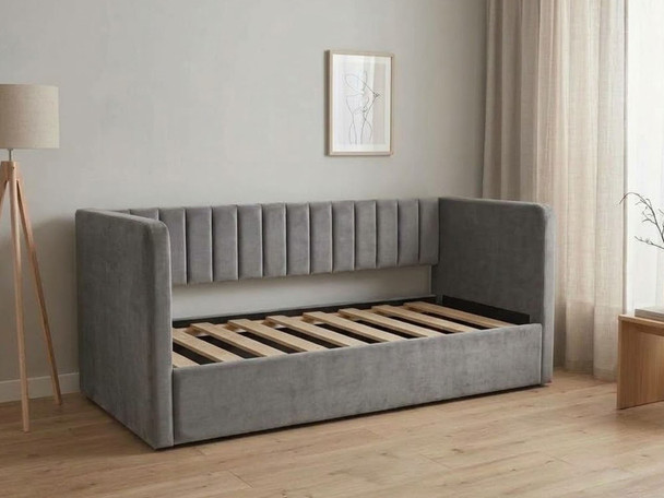 Aera grey velvet fabric daybed frame displaying solid wooden slats and centre support bar without a mattress