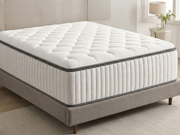 Seraphine 1000 pocket sprung mattress with deeply quilted top and soft knitted cover on a grey upholstered bed