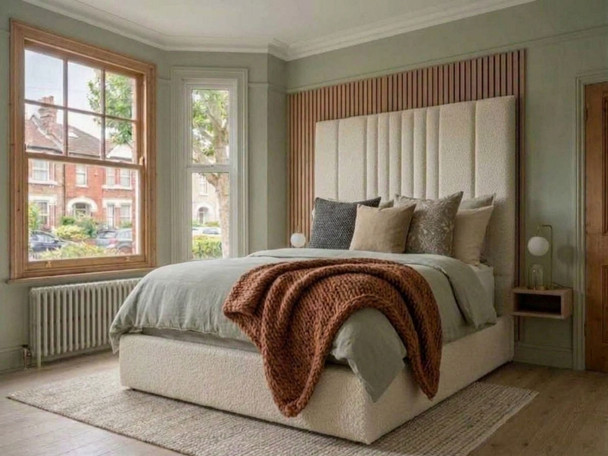 Korina extra high headboard ottoman bed in Atlanta Ivory Soft Teddy fabric in a bright bedroom with garden doors