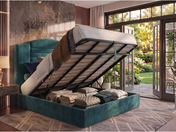 Haven Ottoman Storage Bed Frame in Teal Atlanta fabric lifted open, revealing the spacious under-bed storage area.