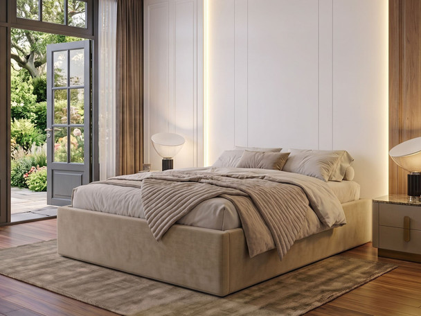 Nora ottoman storage bed base frame in beige velvet fabric, front view, heavy-duty flat pack bed made in Birmingham UK by Hush My Bed