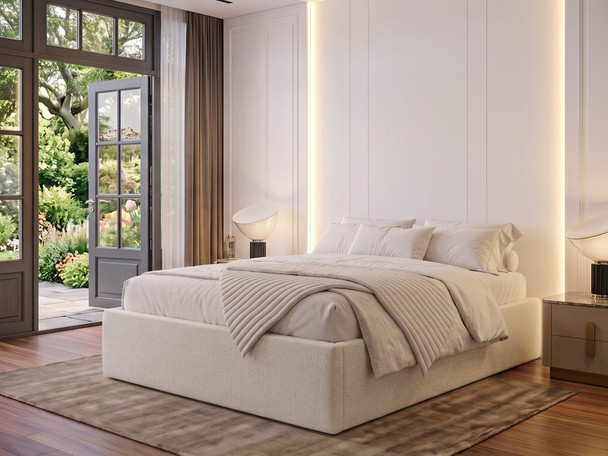 Nora ottoman storage bed base frame in white ivory Atlanta fabric, front view, heavy-duty flat pack bed made in Birmingham UK by Hush My Bed