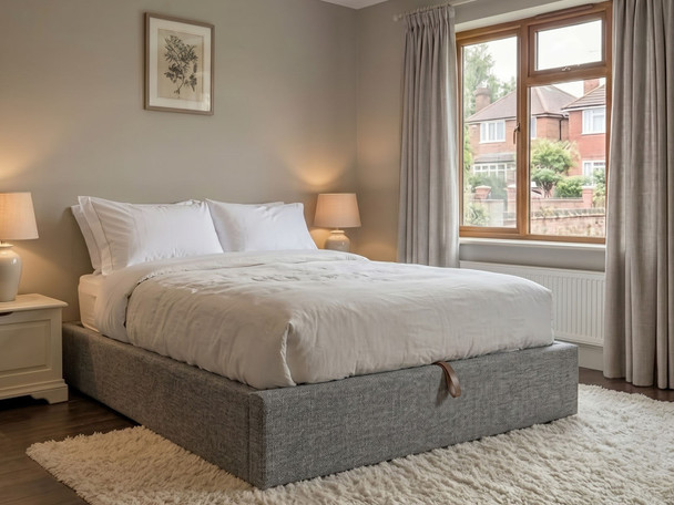 Lena ottoman storage bed base frame in grey steel fabric, front view, heavy-duty flat pack bed made in Birmingham UK by Hush My Bed