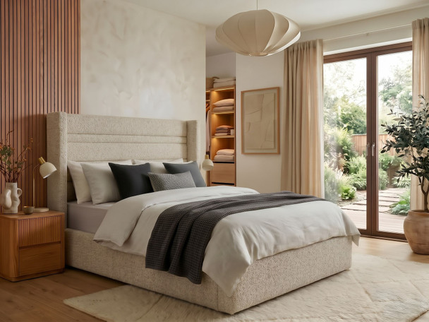 Linnea wingback ottoman storage bed frame in mink Atlanta fabric with a horizontal channelled headboard and low footboard, made in Birmingham UK by Hush My Bed